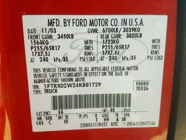 1FTRX02W24KB81729 - 2004 FORD F150 RED photo 10