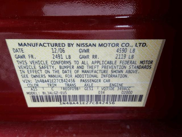 1N4BA41E27C842456 - 2007 NISSAN MAXIMA SE MAROON photo 10