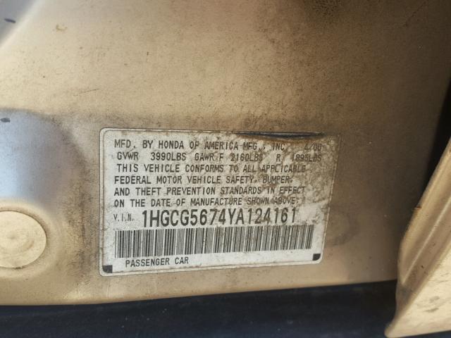 1HGCG5674YA124161 - 2000 HONDA ACCORD SE TAN photo 10