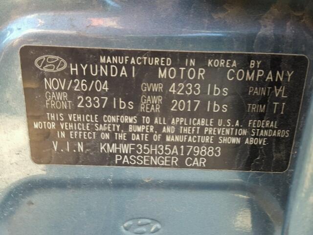 KMHWF35H35A179883 - 2005 HYUNDAI SONATA GLS BLUE photo 10