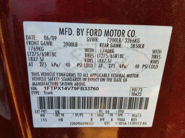 1FTPX14V79FB33760 - 2009 FORD F150 SUPER BEIGE photo 10