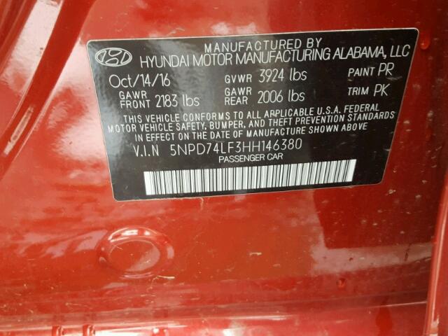 5NPD74LF3HH146380 - 2017 HYUNDAI ELANTRA SE RED photo 10