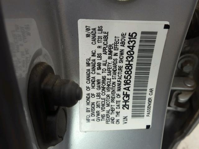 2HGFA16588H304315 - 2008 HONDA CIVIC LX SILVER photo 10