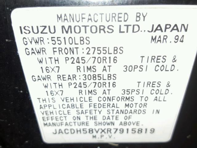 JACDH58VXR7915819 - 1994 ISUZU TROOPER S BLACK photo 10