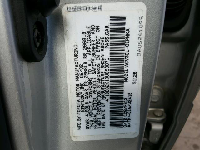 4T1BE32K13U650071 - 2003 TOYOTA CAMRY LE SILVER photo 10