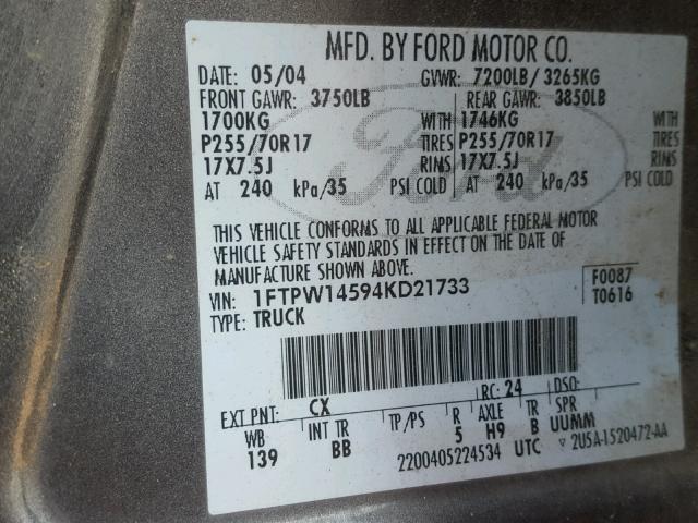 1FTPW14594KD21733 - 2004 FORD F150 SUPER CHARCOAL photo 10