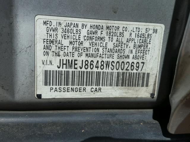 JHMEJ8648WS002697 - 1998 HONDA CIVIC EX ვერცხლისფერი ფოტო 10