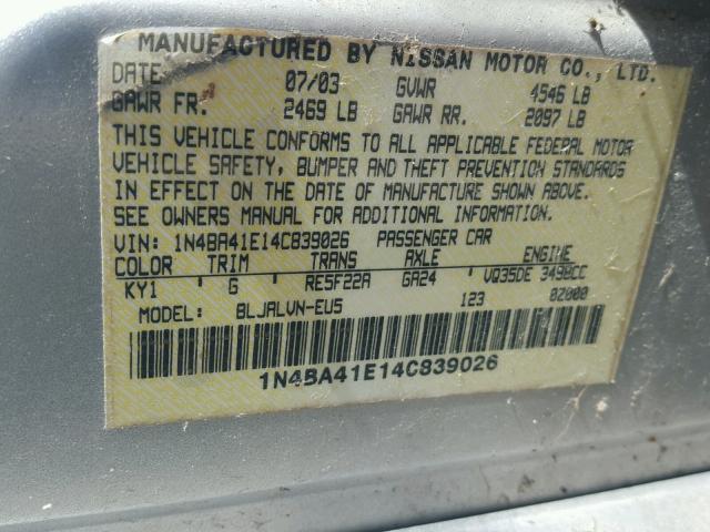 1N4BA41E14C839026 - 2004 NISSAN MAXIMA SE SILVER photo 10