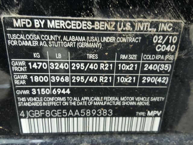 4JGBF8GE5AA589383 - 2010 MERCEDES-BENZ GL 550 4MA BLACK photo 10