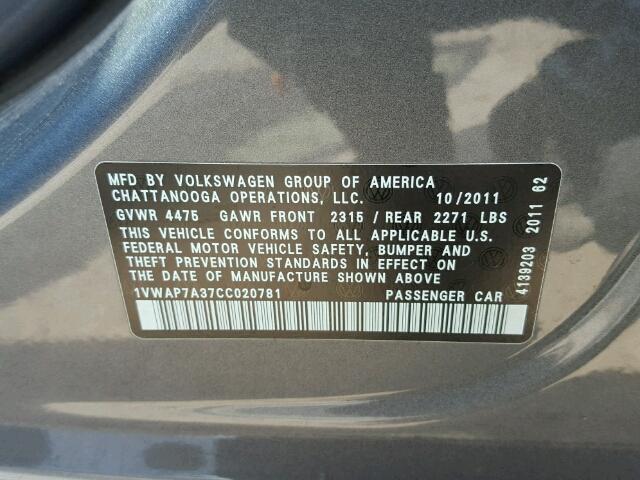 1VWAP7A37CC020781 - 2012 VOLKSWAGEN PASSAT S GRAY photo 10