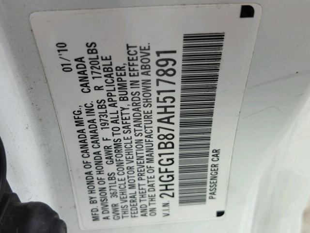 2HGFG1B87AH517891 - 2010 HONDA CIVIC EX თეთრი ფოტო 10
