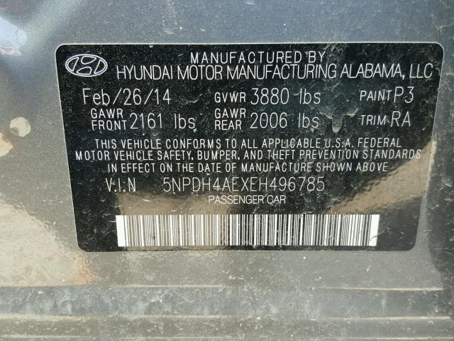 5NPDH4AEXEH496785 - 2014 HYUNDAI ELANTRA GRAY photo 10