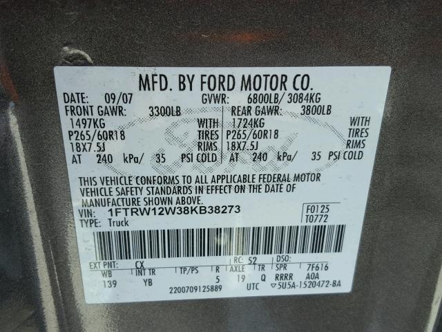 1FTRW12W38KB38273 - 2008 FORD F150 SUPER CHARCOAL photo 10