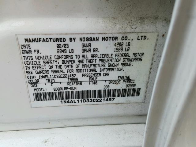 1N4AL11D33C221457 - 2003 NISSAN ALTIMA BAS WHITE photo 10