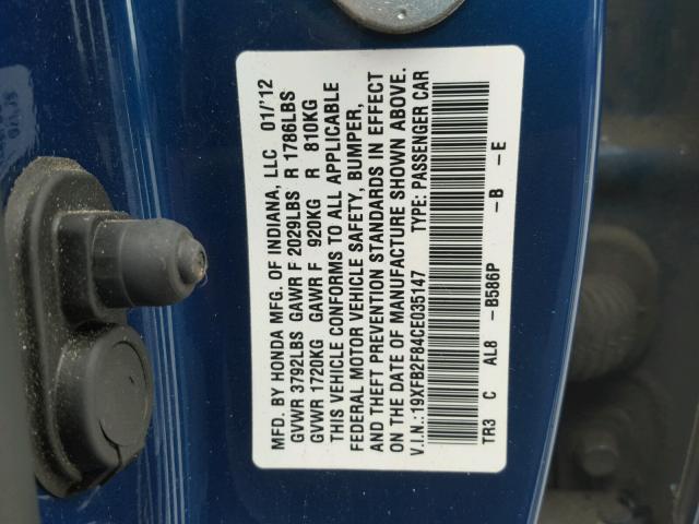 19XFB2F84CE035147 - 2012 HONDA CIVIC EX Mavi foto 10