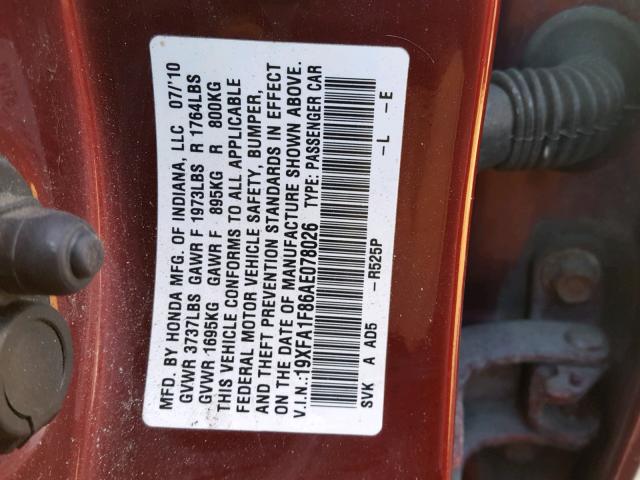 19XFA1F86AE078026 - 2010 HONDA CIVIC EX წითელი ფოტო 10