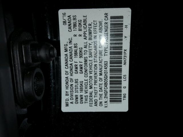 2HGFC4B05GH314563 - 2016 HONDA CIVIC LX BLACK photo 10