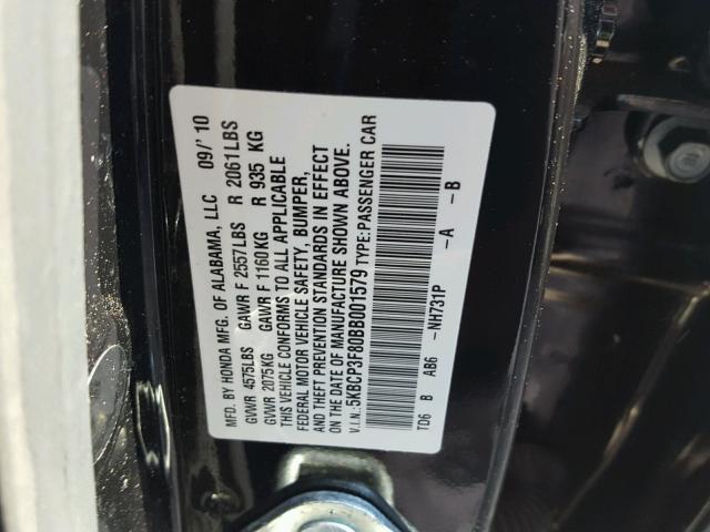 5KBCP3F80BB001579 - 2011 HONDA ACCORD EXL BLACK photo 10