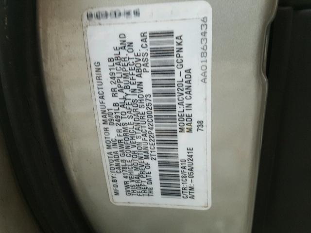 2T1CE22P42C002573 - 2002 TOYOTA CAMRY SOLA SILVER photo 10