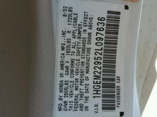 1HGEM22952L097636 - 2002 HONDA CIVIC EX თეთრი ფოტო 10