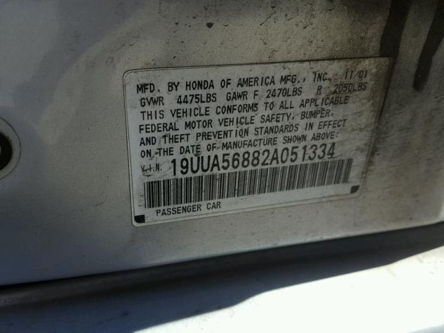 19UUA56882A051334 - 2002 ACURA 3.2TL TYPE SILVER photo 10