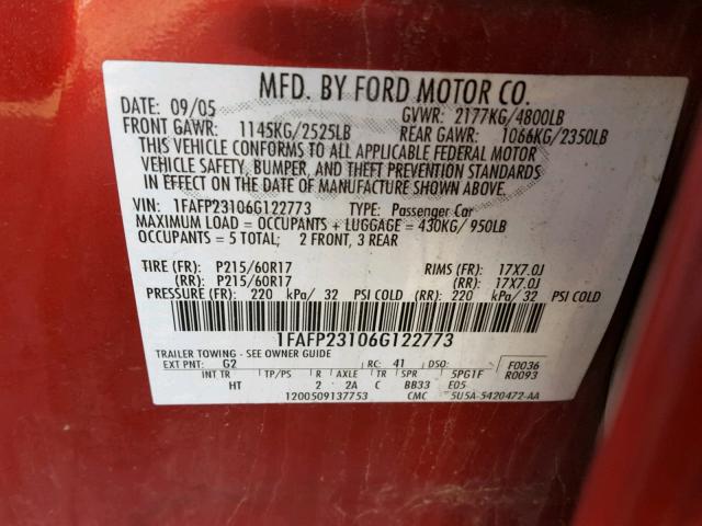 1FAFP23106G122773 - 2006 FORD FIVE HUNDR RED photo 10