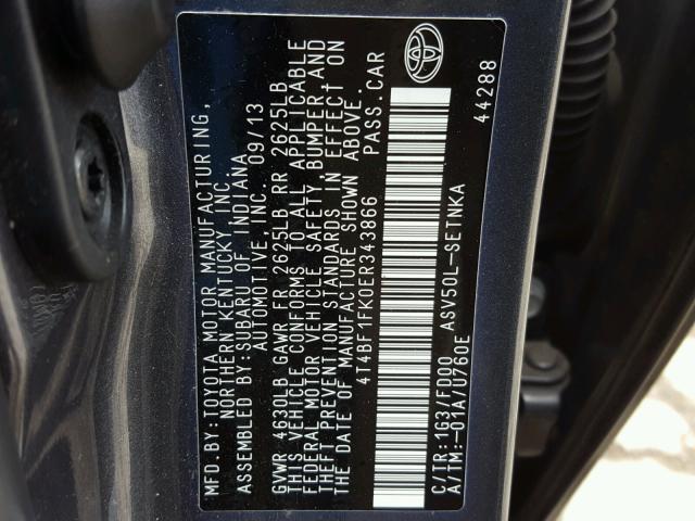 4T4BF1FK0ER343866 - 2014 TOYOTA CAMRY L GRAY photo 10