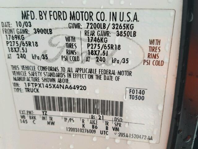 1FTPX145X4NA64920 - 2004 FORD F150 WHITE photo 10