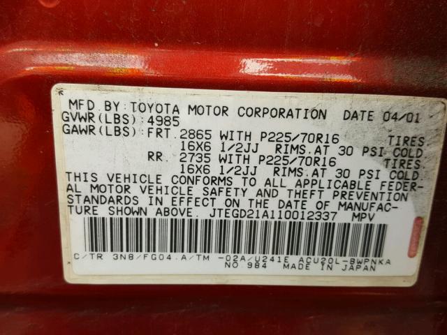 JTEGD21A110012337 - 2001 TOYOTA HIGHLANDER RED photo 10