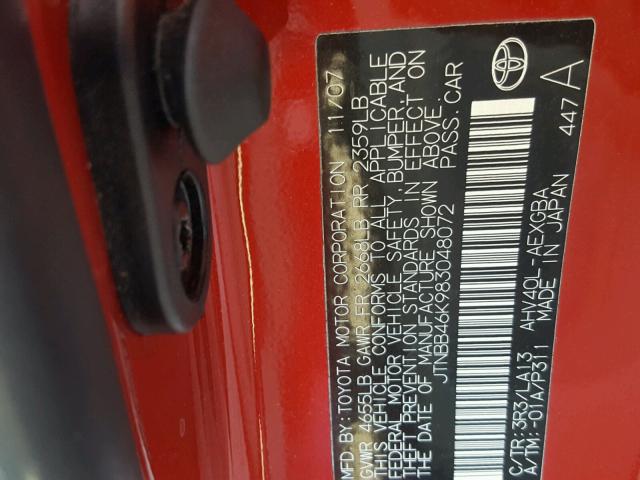 JTNBB46K983048072 - 2008 TOYOTA CAMRY HYBR RED photo 10