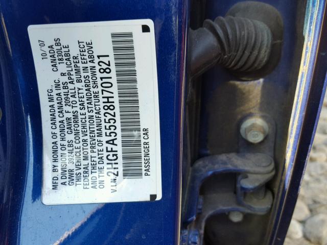 2HGFA55528H701821 - 2008 HONDA CIVIC SI BLUE photo 10