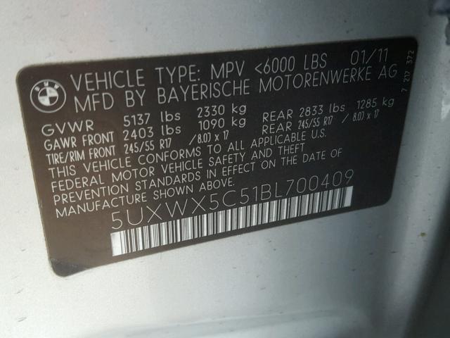 5UXWX5C51BL700409 - 2011 BMW X3 XDRIVE2 SILVER photo 10