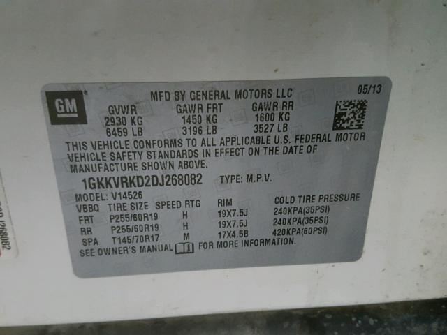 1GKKVRKD2DJ268082 - 2013 GMC ACADIA SLT თეთრი ფოტო 10