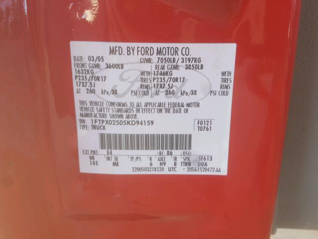 1FTPX02505KD94159 - 2005 FORD F150 RED photo 10