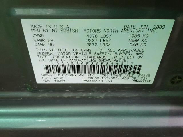 4A3AB36F39E044017 - 2009 MITSUBISHI GALANT ES GRAY photo 10