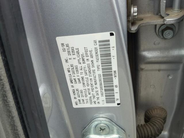 1HGCP26838A090320 - 2008 HONDA ACCORD EXL SILVER photo 10