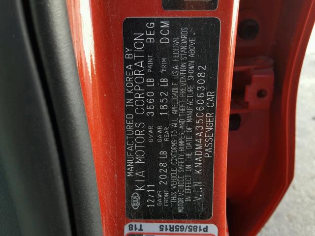 KNADM4A35C6063082 - 2012 KIA RIO LX RED photo 10