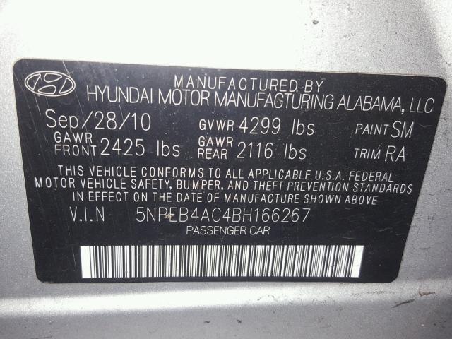 5NPEB4AC4BH166267 - 2011 HYUNDAI SONATA GLS SILVER photo 10