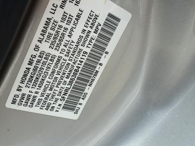 5FNRL38638B414119 - 2008 HONDA ODYSSEY EX SILVER photo 10