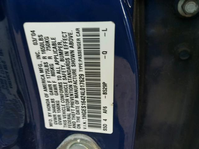 1HGES16424L017629 - 2004 HONDA CIVIC DX BLUE photo 10