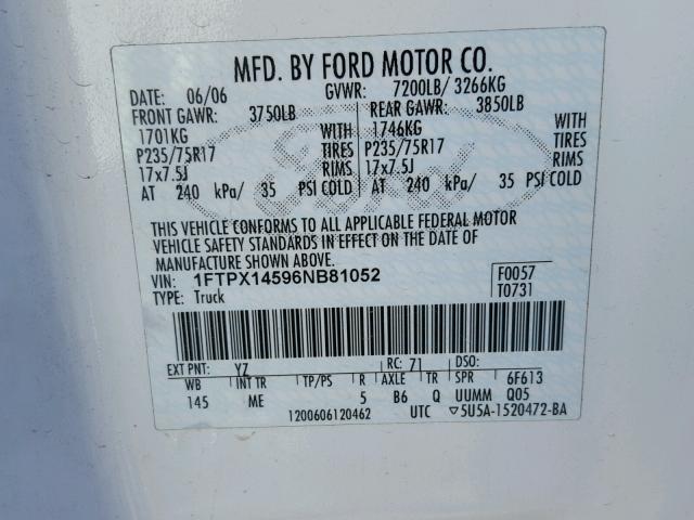 1FTPX14596NB81052 - 2006 FORD F150 WHITE photo 10