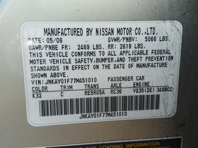 JNKAY01F77M451010 - 2007 INFINITI M35 BASE CREAM photo 10