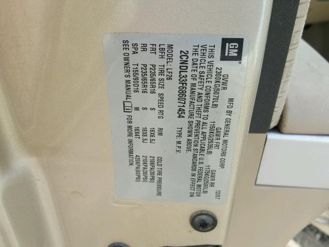 2CNDL33F686071454 - 2008 CHEVROLET EQUINOX LT GOLD photo 10