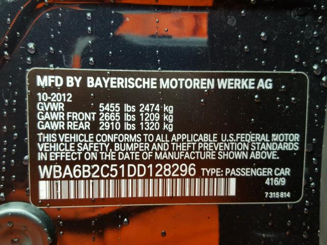 WBA6B2C51DD128296 - 2013 BMW 650 I BLUE photo 10