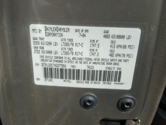 3D7KU28C74G277954 - 2004 DODGE RAM 2500 S 棕色 照片 10