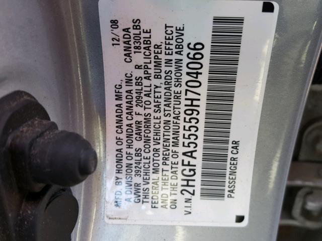 2HGFA55559H704066 - 2009 HONDA CIVIC SI SILVER photo 10