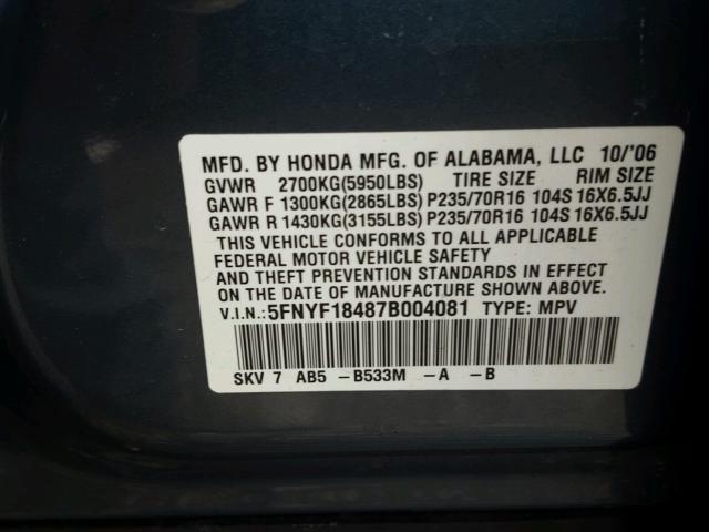 5FNYF18487B004081 - 2007 HONDA PILOT EX BLUE photo 10