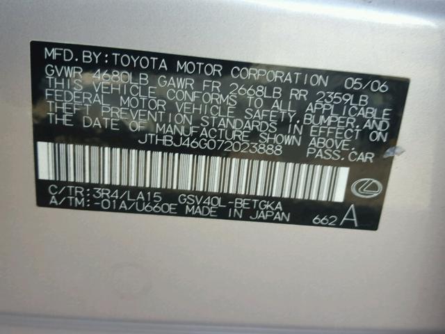 JTHBJ46G072023888 - 2007 LEXUS ES 350 TAN photo 10