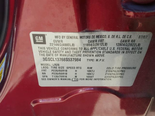 3GSCL13768S537984 - 2008 SATURN VUE REDLIN RED photo 10