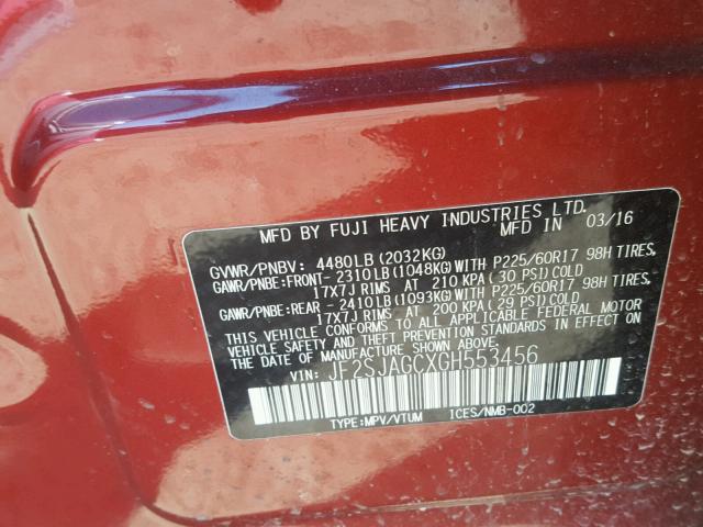 JF2SJAGCXGH553456 - 2016 SUBARU FORESTER 2 RED photo 10